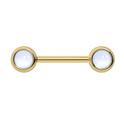 14k yellow gold nipple barbell featuring 5mm moonstone cabochon bezel settings, soft blue glow