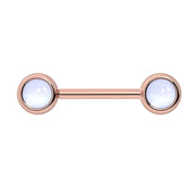 14k rose gold nipple barbell with dual 5mm moonstone cabochon bezel ends, soft iridescent stones