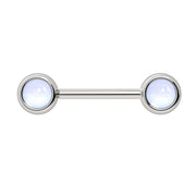 14k white gold nipple barbell with dual 5mm moonstone cabochon bezel ends, pale blue sheen