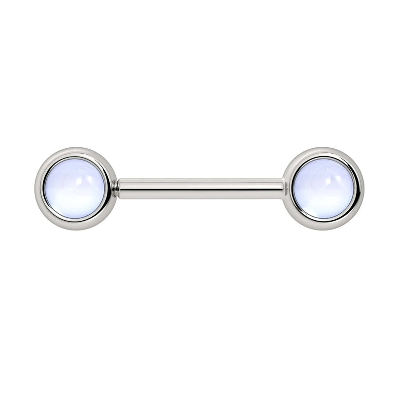 14k white gold nipple barbell with dual 5mm moonstone cabochon bezel ends, pale blue sheen