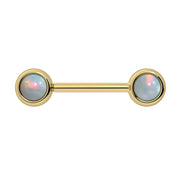 14k yellow gold nipple barbell with dual 5mm white opal cabochon bezel ends, front view