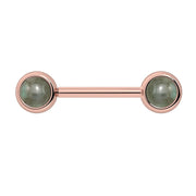 14k rose gold nipple barbell with dual 5mm labradorite cabochon bezel ends, muted green-grey tone