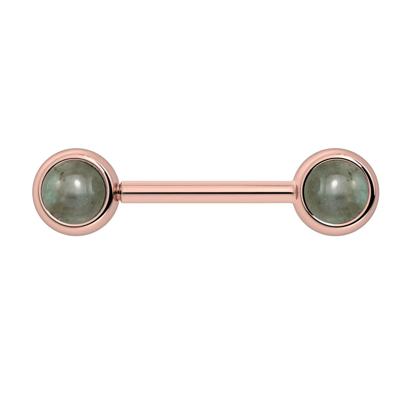 14k rose gold nipple barbell with dual 5mm labradorite cabochon bezel ends, muted green-grey tone