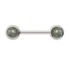 14k white gold nipple barbell with dual 5mm labradorite cabochon bezel ends, front view