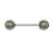 14k white gold nipple barbell with dual 5mm labradorite cabochon bezel ends, front view