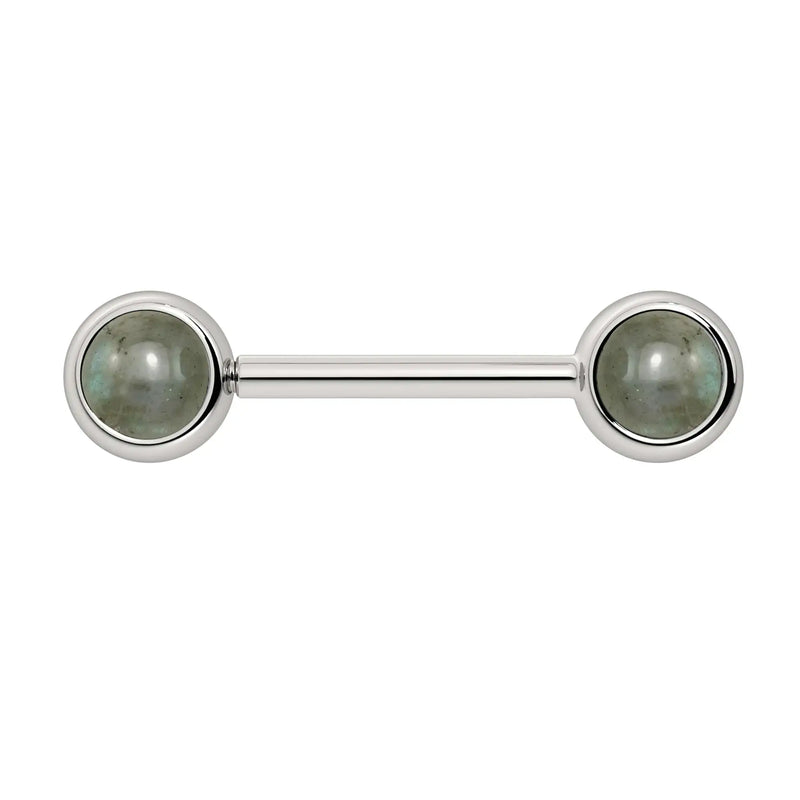 14k white gold nipple barbell with dual 5mm labradorite cabochon bezel ends, front view