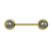14k yellow gold nipple barbell with dual 5mm labradorite cabochon bezel ends, grey-green stone