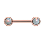 14k rose gold nipple barbell with dual 5mm opal cabochon bezel ends, warm pink gold finish