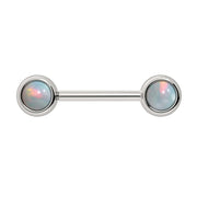 14k white gold nipple barbell with dual 5mm opal cabochon bezel ends, polished silver tone