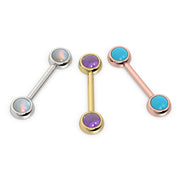 Three 14k gold nipple barbells side by side: white gold opal, yellow gold amethyst, rose gold turquoise