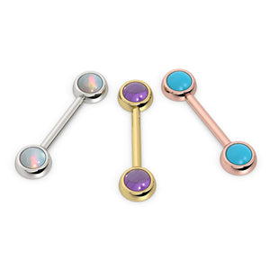 Three 14k gold nipple barbells side by side: white gold opal, yellow gold amethyst, rose gold turquoise