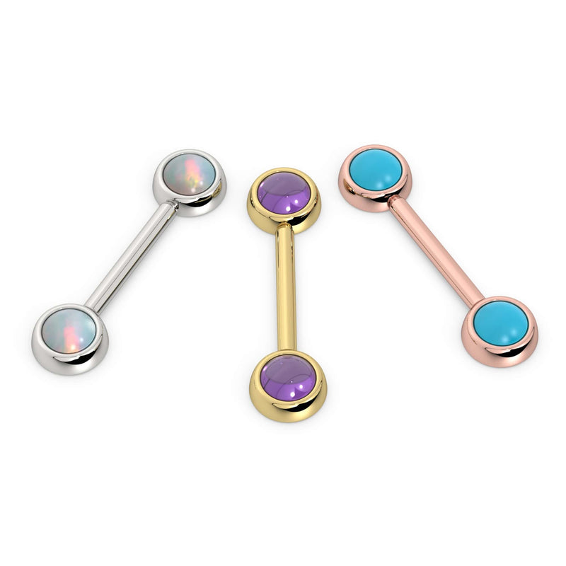 Three 14k gold nipple barbells side by side: white gold opal, yellow gold amethyst, rose gold turquoise