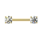14k yellow gold diamond nipple barbell with dual 5mm round prong-set diamonds, front view