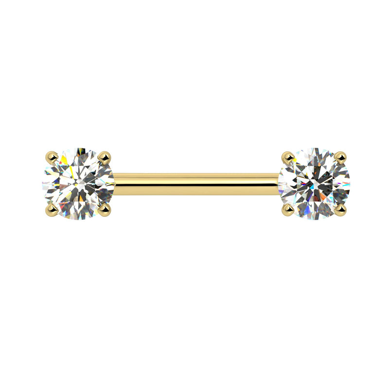 14k yellow gold diamond nipple barbell with dual 5mm round prong-set diamonds, front view