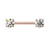 14k rose gold diamond nipple barbell with dual 5mm prong-set round diamonds, front view