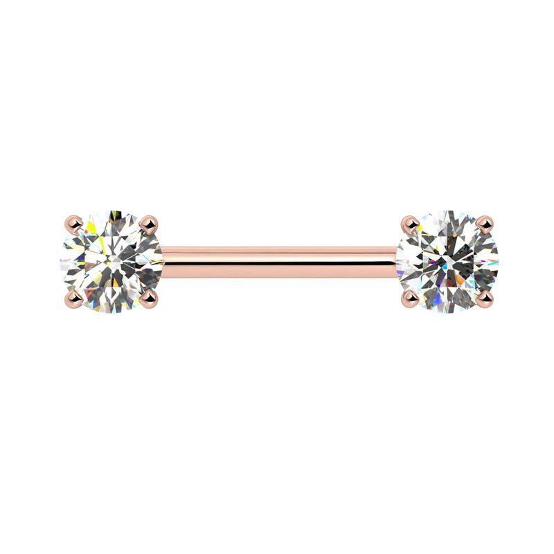14k rose gold diamond nipple barbell with dual 5mm prong-set round diamonds, front view