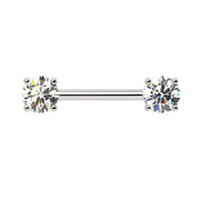 14k white gold diamond nipple barbell with dual prong-set round brilliant diamonds, front view