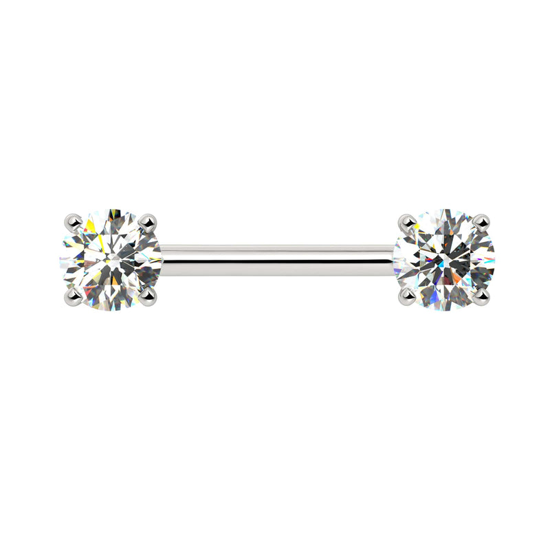 14k white gold diamond nipple barbell with dual prong-set round brilliant diamonds, front view