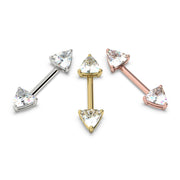 Trillion diamond nipple barbell in all three 14k gold options: white gold, yellow gold, and rose gold