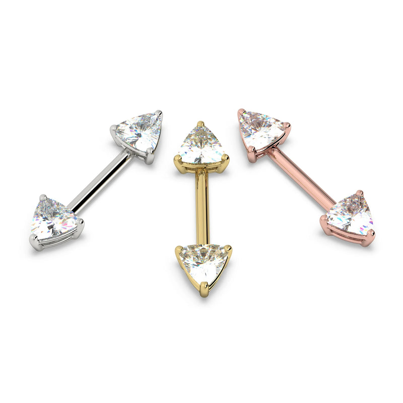 Trillion diamond nipple barbell in all three 14k gold options: white gold, yellow gold, and rose gold