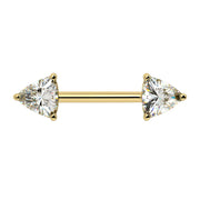 14k yellow gold nipple barbell with dual GIA trillion-cut diamonds in prong settings, front view