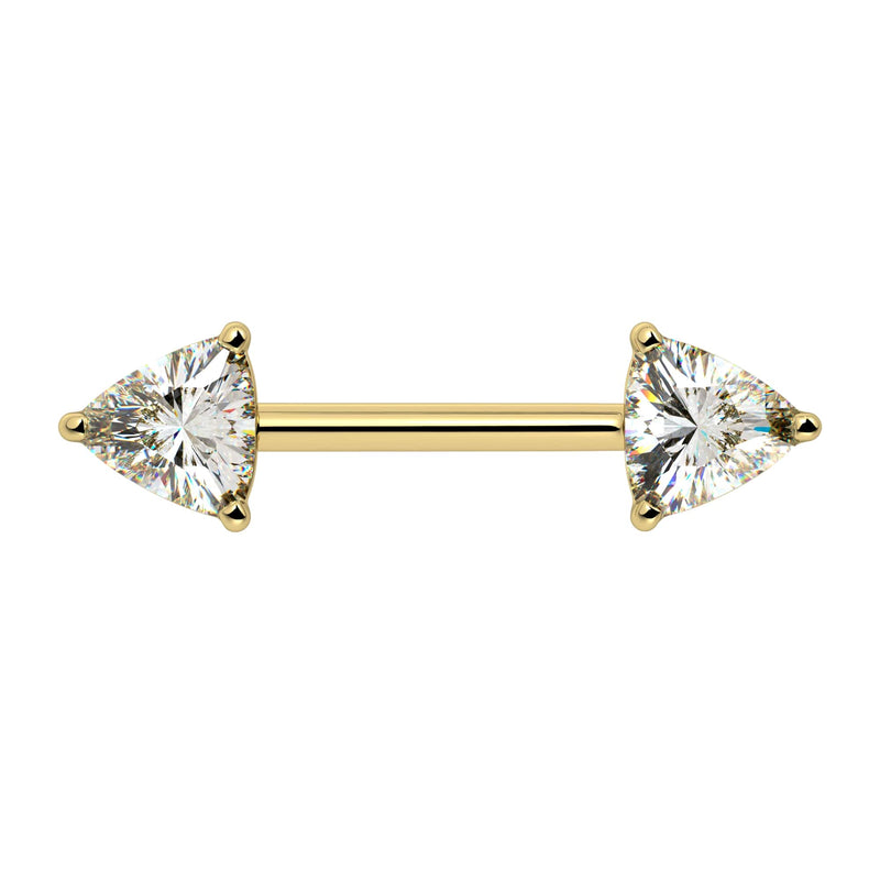 14k yellow gold nipple barbell with dual GIA trillion-cut diamonds in prong settings, front view