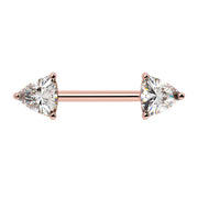14k rose gold nipple barbell with dual trillion-cut diamonds, prong-set, front view