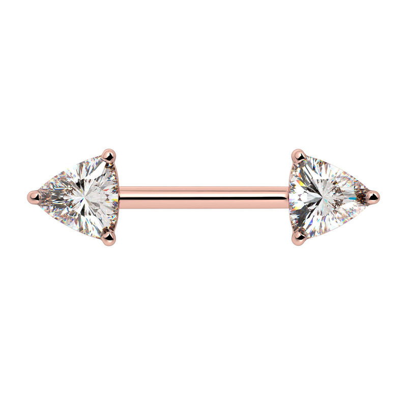 14k rose gold nipple barbell with dual trillion-cut diamonds, prong-set, front view