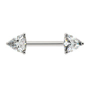 14k white gold nipple barbell with dual GIA-certified trillion-cut diamonds in three-prong settings