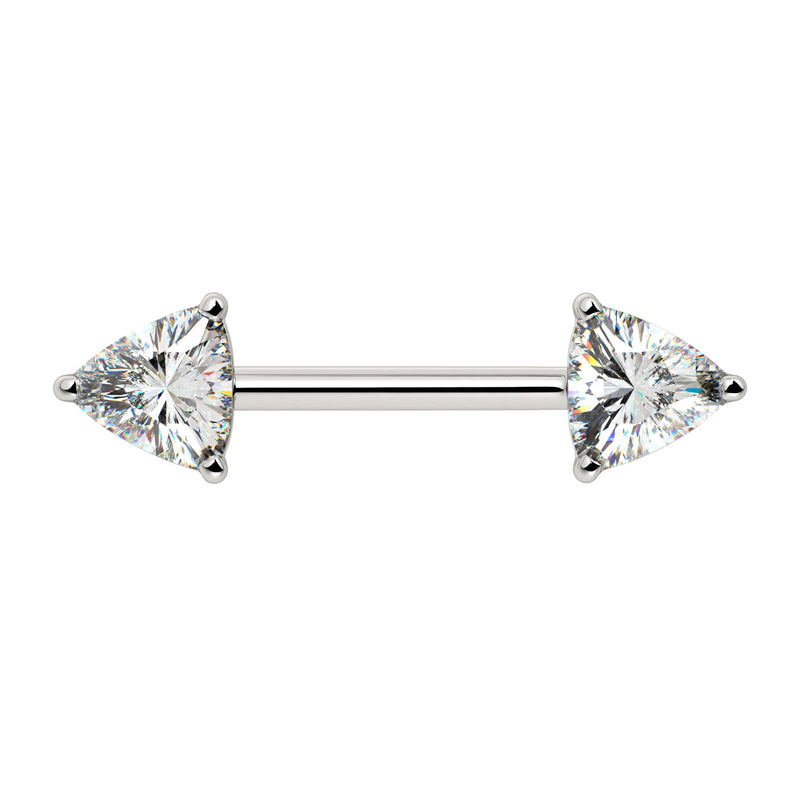 14k white gold nipple barbell with dual GIA-certified trillion-cut diamonds in three-prong settings