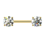 14k yellow gold diamond nipple barbell with two 1.00ct round brilliant diamonds in 4-prong settings, front view