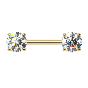14k yellow gold diamond nipple barbell with two 1.00ct round brilliant diamonds in 4-prong settings, front view