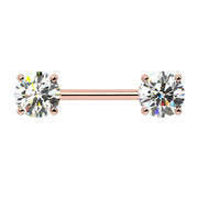 14k rose gold diamond nipple barbell with two GIA-certified round brilliant diamonds in 4-prong settings, front view