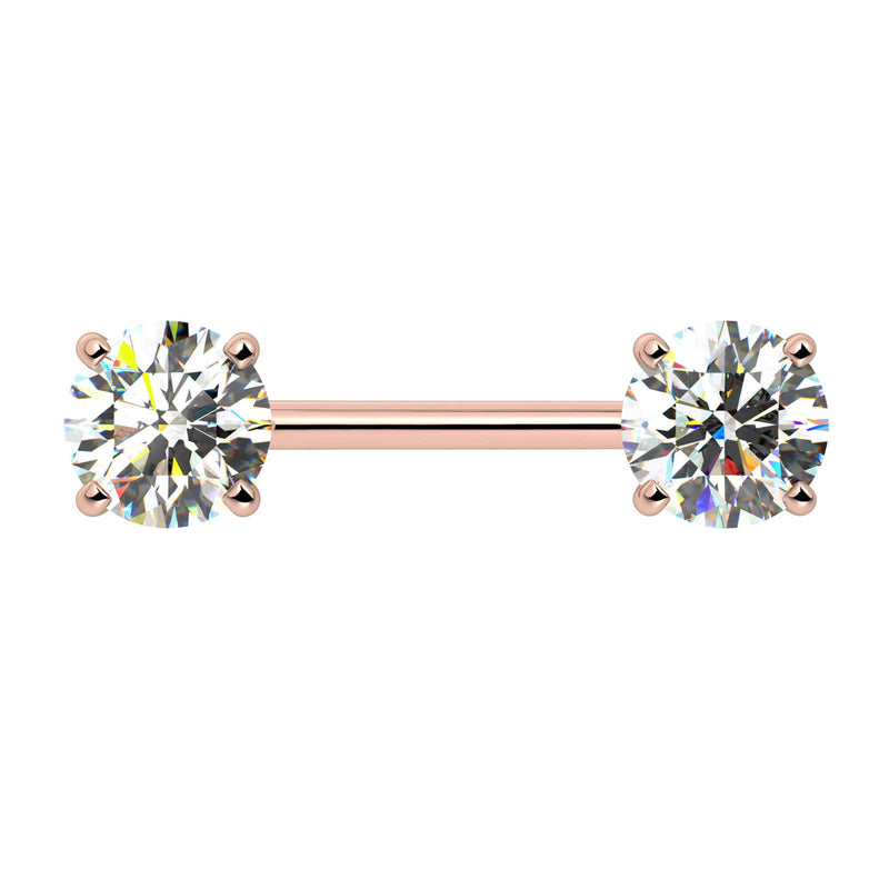 14k rose gold diamond nipple barbell with two GIA-certified round brilliant diamonds in 4-prong settings, front view