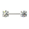 14k white gold diamond nipple barbell with two round brilliant diamonds in 4-prong settings, front view