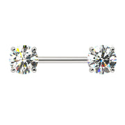14k white gold diamond nipple barbell with two round brilliant diamonds in 4-prong settings, front view