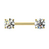 14k yellow gold diamond nipple barbell with dual 6mm round brilliant diamonds in four-prong settings, front view