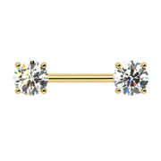 14k yellow gold diamond nipple barbell with dual 6mm round brilliant diamonds in four-prong settings, front view
