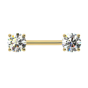 14k yellow gold diamond nipple barbell with dual 6mm round brilliant diamonds in four-prong settings, front view