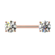 14k rose gold diamond nipple barbell with dual round brilliant GIA diamonds in four-prong settings, front view