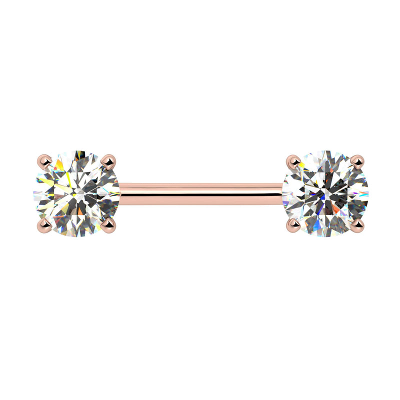 14k rose gold diamond nipple barbell with dual round brilliant GIA diamonds in four-prong settings, front view