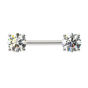 14k white gold diamond nipple barbell with dual 6mm round brilliant diamonds in four-prong settings, front view