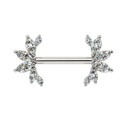 14k white gold angel wing nipple barbell with marquise CZ wing ends, front view