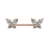 14k rose gold butterfly nipple barbell with CZ-set butterfly ends, front view on white background