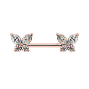 14k rose gold butterfly nipple barbell with CZ-set butterfly ends, front view on white background