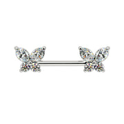 14k white gold butterfly nipple barbell with sparkling CZ butterfly ends, front view