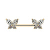 14k yellow gold butterfly nipple barbell with CZ marquise and round stone wings, front view
