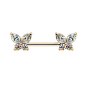 14k yellow gold butterfly nipple barbell with CZ marquise and round stone wings, front view