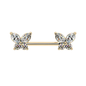 14k yellow gold butterfly nipple barbell with CZ marquise and round stone wings, front view