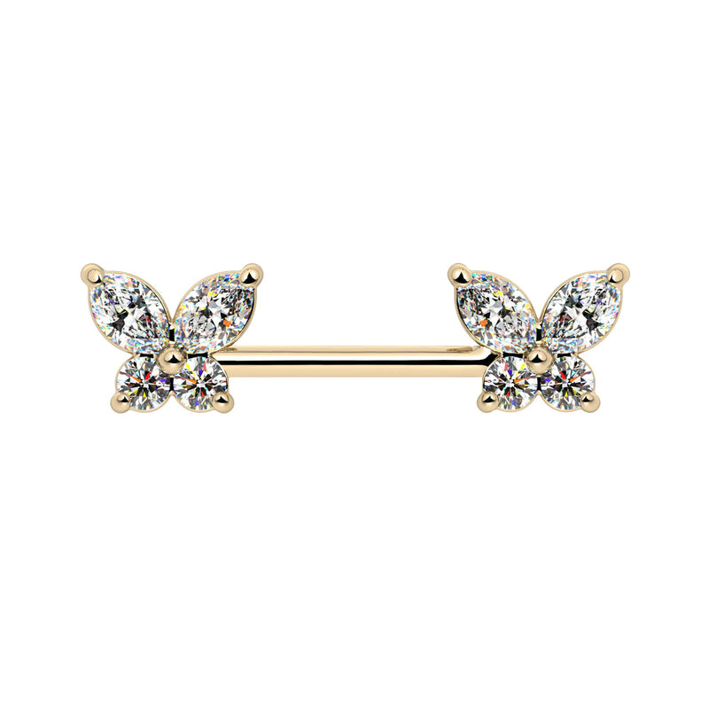14k yellow gold butterfly nipple barbell with CZ marquise and round stone wings, front view